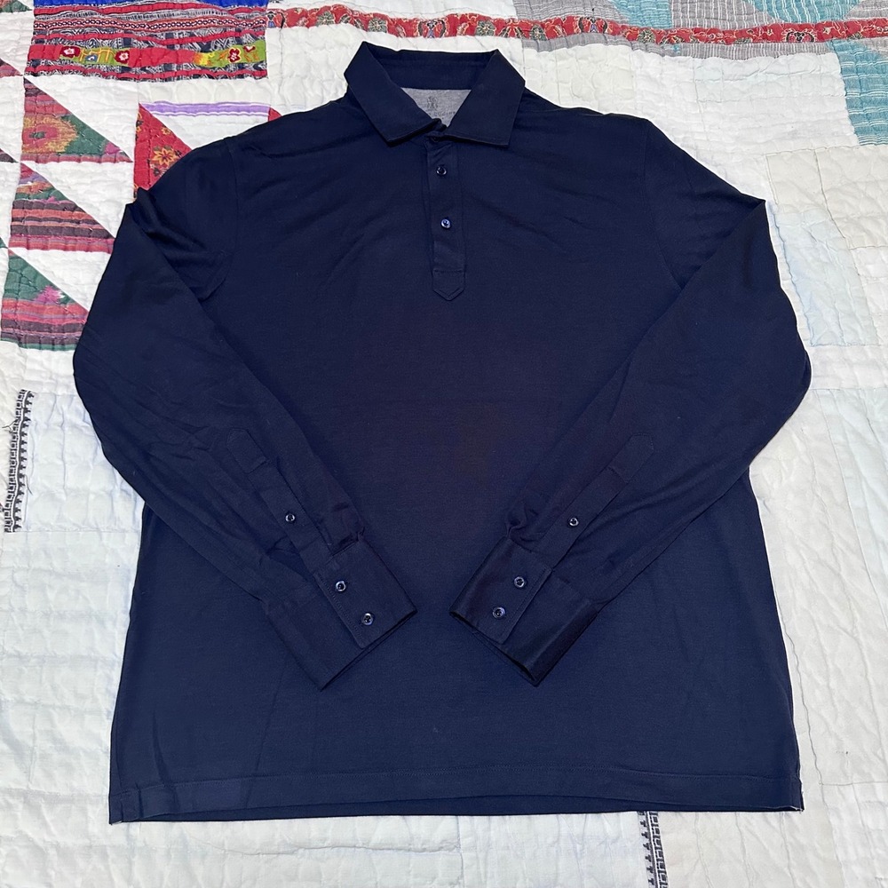 Brunello Cucinelli Long Sleeve Polo Navy Blue Regular Fit Made in Italy
